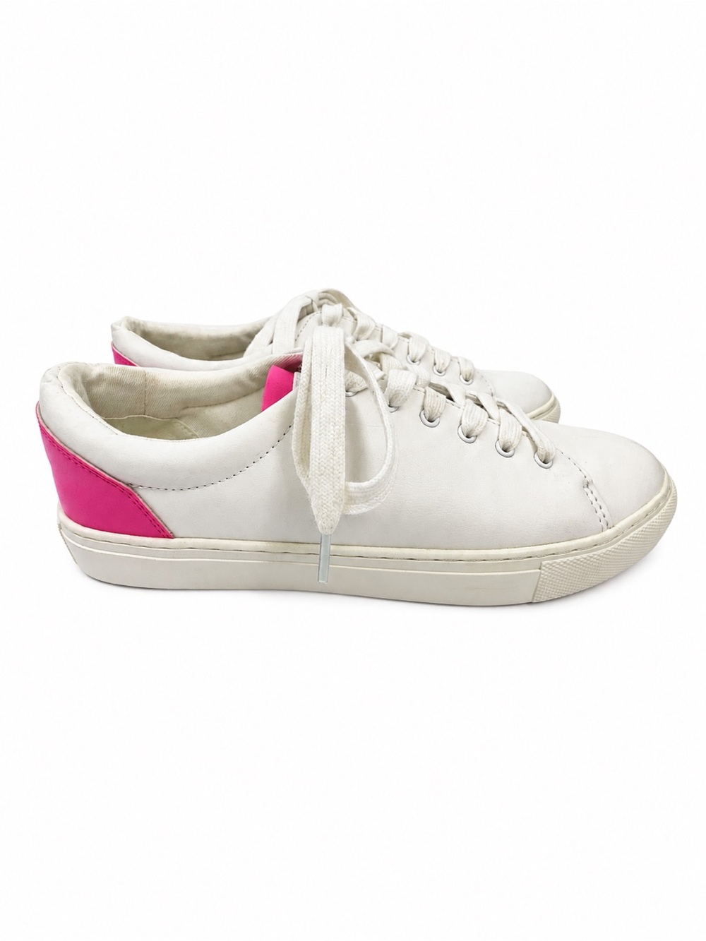 J.Crew White Leather Sneakers Pink Heel Accent Lace Up Casual Shoes Size 8.5